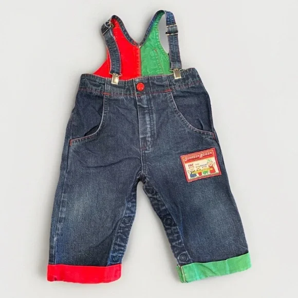 OshKosh 12M Colorblock Baby Outfit 90s Retro Kids Overalls Vintage - Picture 1 of 5